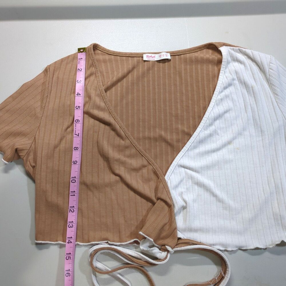 Romwe Women's Crop Top Front Tie Brown and White M - Picture 3 of 5